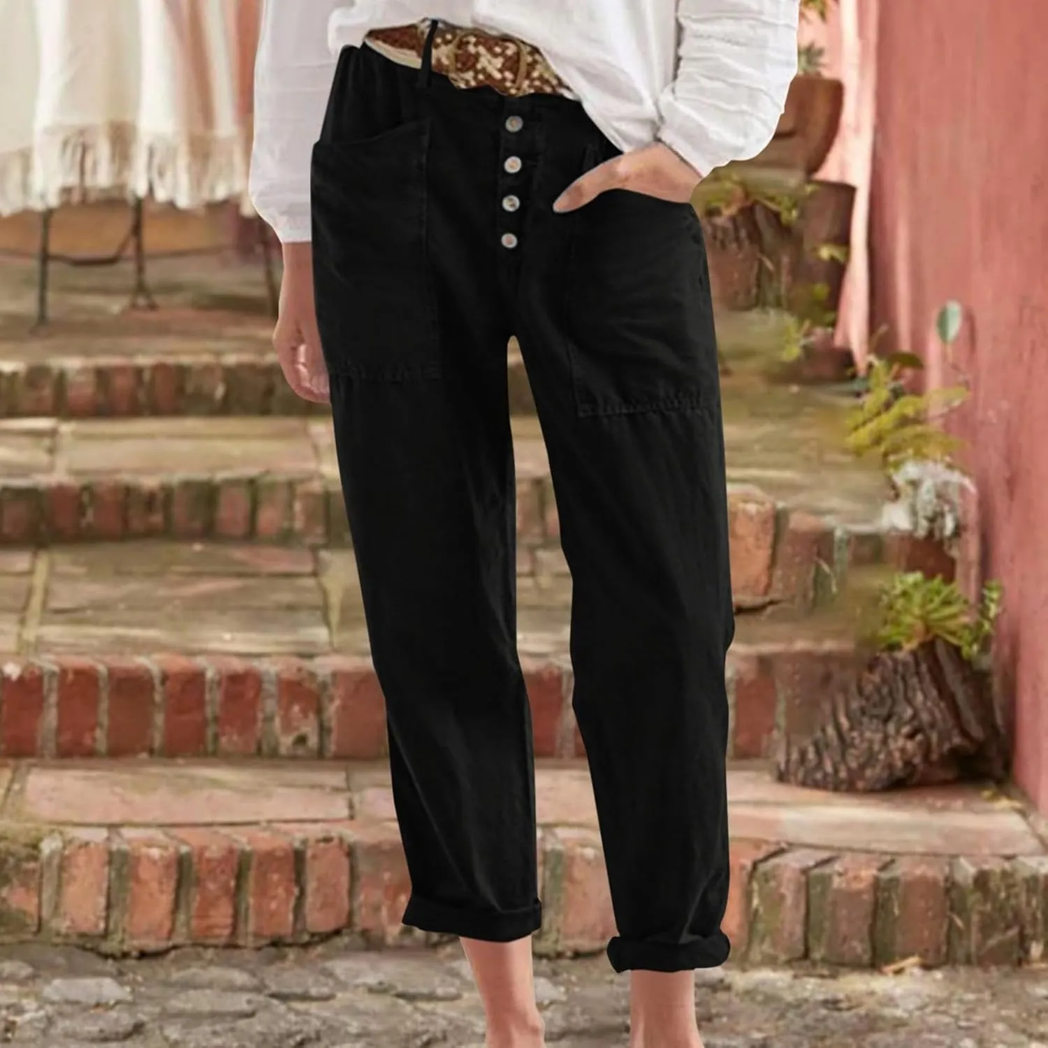 Women's Fashionable Ankle Pants Trendy Cotton Linen Lounge Trouser Versatile Work Home Office Yoga Hiking Casual Pant