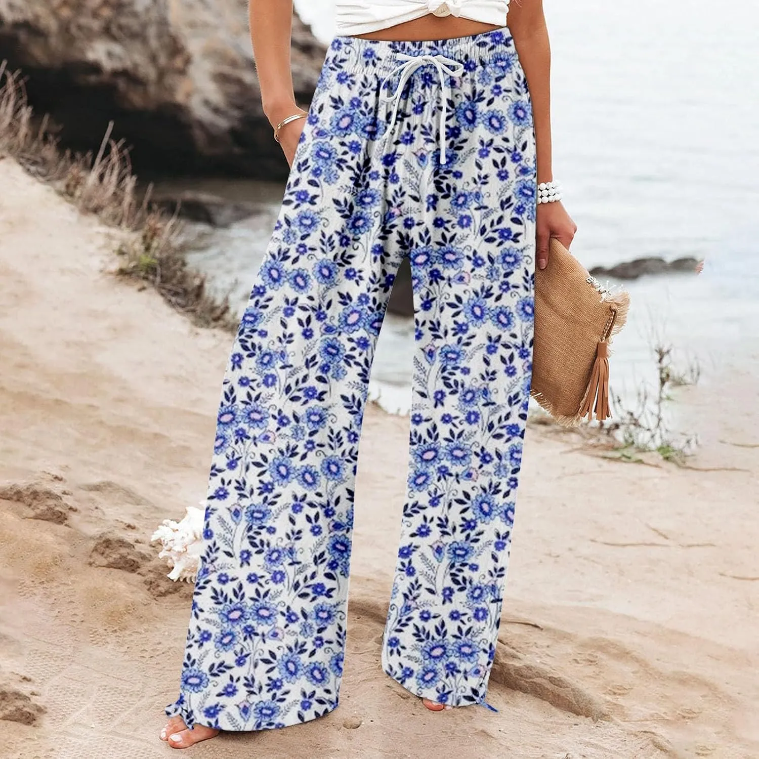 Womens Floral Print Casual Pants Elastic Waistband Straight Wide Leg Trousers Daily Regular Home Leisure Lounge Pants