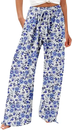 Womens Floral Print Casual Pants Elastic Waistband Straight Wide Leg Trousers Daily Regular Home Leisure Lounge Pants