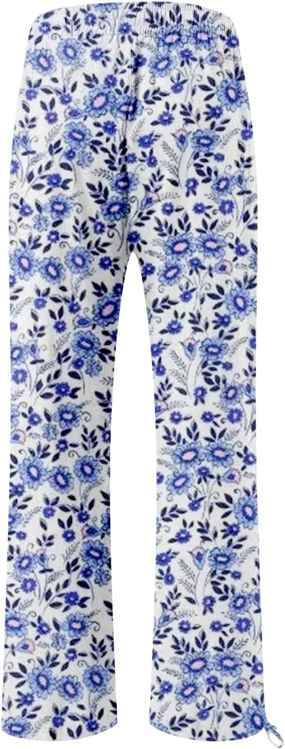 Womens Floral Print Casual Pants Elastic Waistband Straight Wide Leg Trousers Daily Regular Home Leisure Lounge Pants