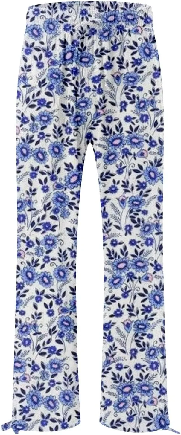 Womens Floral Print Casual Pants Elastic Waistband Straight Wide Leg Trousers Daily Regular Home Leisure Lounge Pants