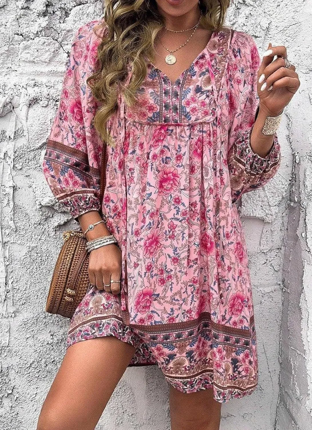 Women's Floral Print Pink Mini Dress 2025 Spring Casual Bohemian V-Neck Long Sleeve Shift Dresses Beach Vacation Dress
