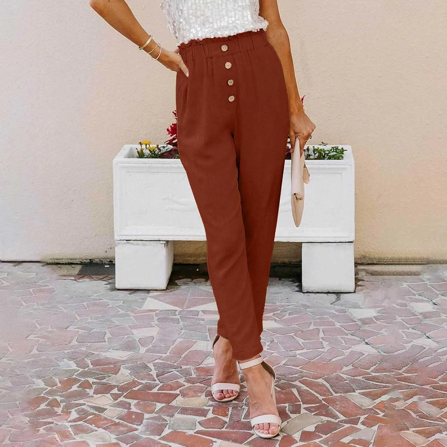 Womens High Waisted Button-Front Casual Pants Various Occasion Stylish Trousers Office Dress Ankle-Length Casual Pant