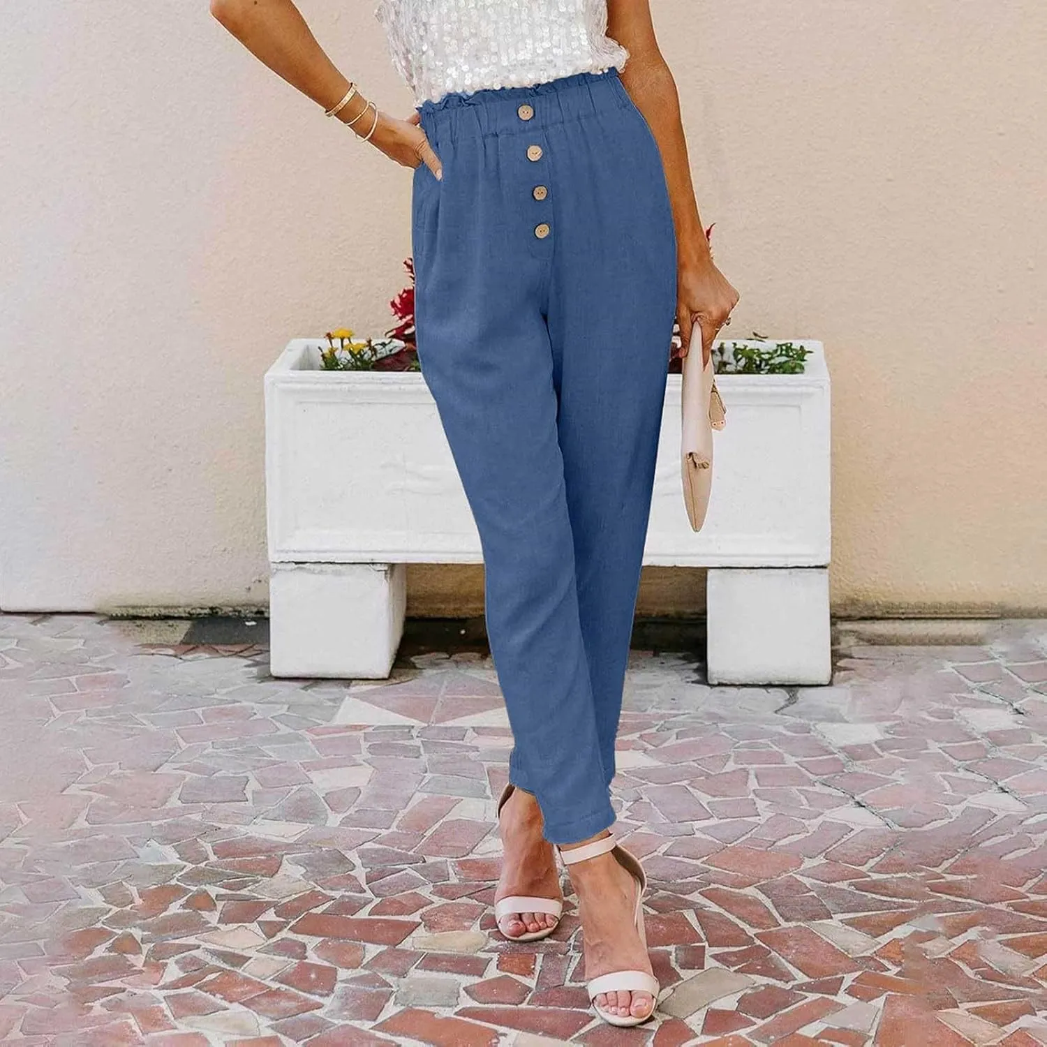Womens High Waisted Button-Front Casual Pants Various Occasion Stylish Trousers Office Dress Ankle-Length Casual Pant