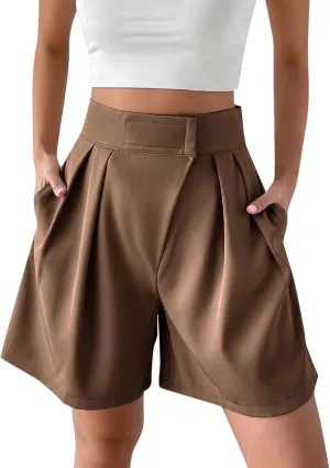 Womens High-Waisted Pleated Shorts Stylish Casual Plus Size Loose Wide Leg Short Trendy Lounge Wide-Leg Bermuda Pants