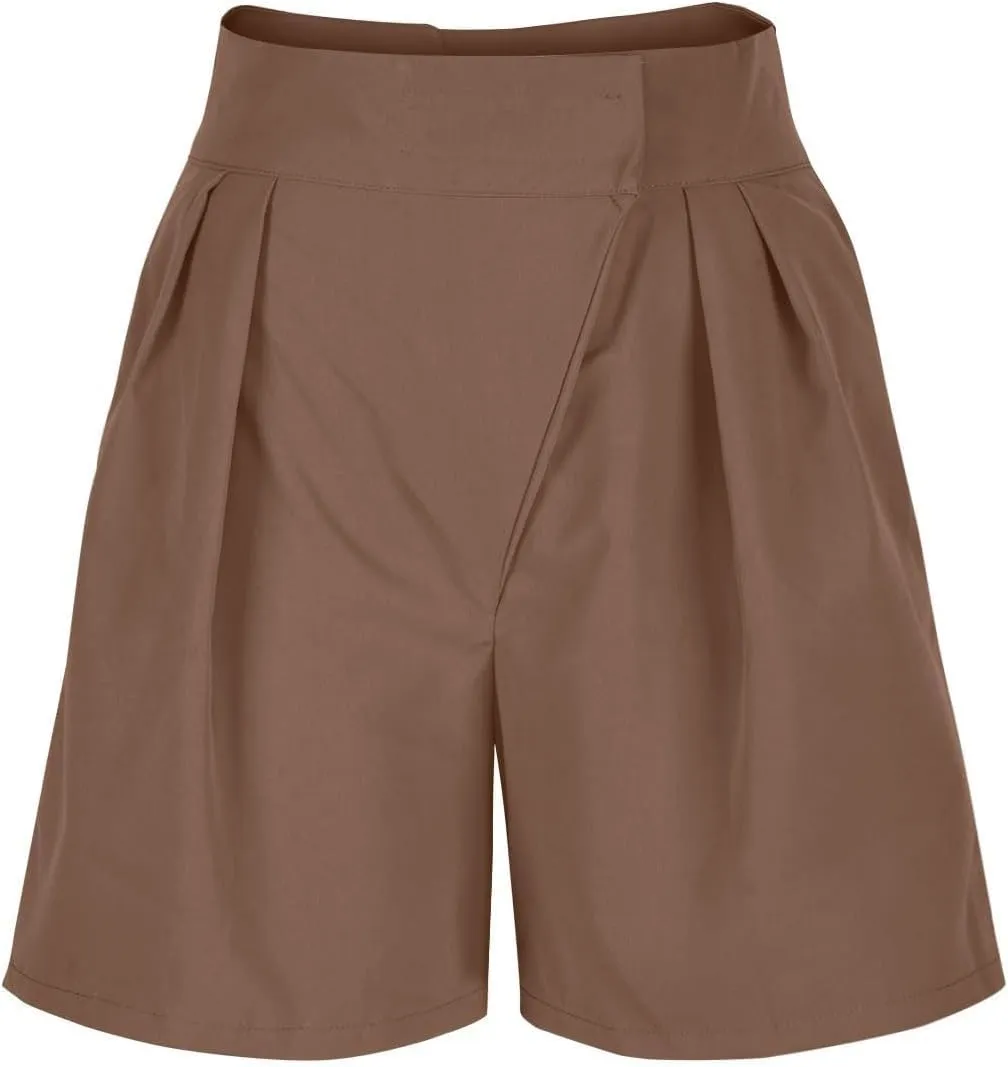 Womens High-Waisted Pleated Shorts Stylish Casual Plus Size Loose Wide Leg Short Trendy Lounge Wide-Leg Bermuda Pants