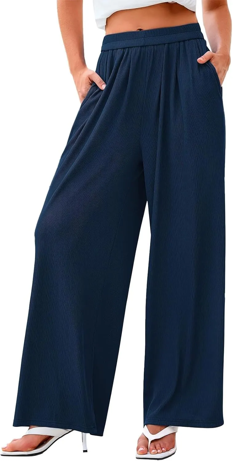 Womens High Waisted Wide Leg Linen Pants Plus Size Stylish Casual Loose Trouser Beach Vacation Boho Flowy Lounge Pant