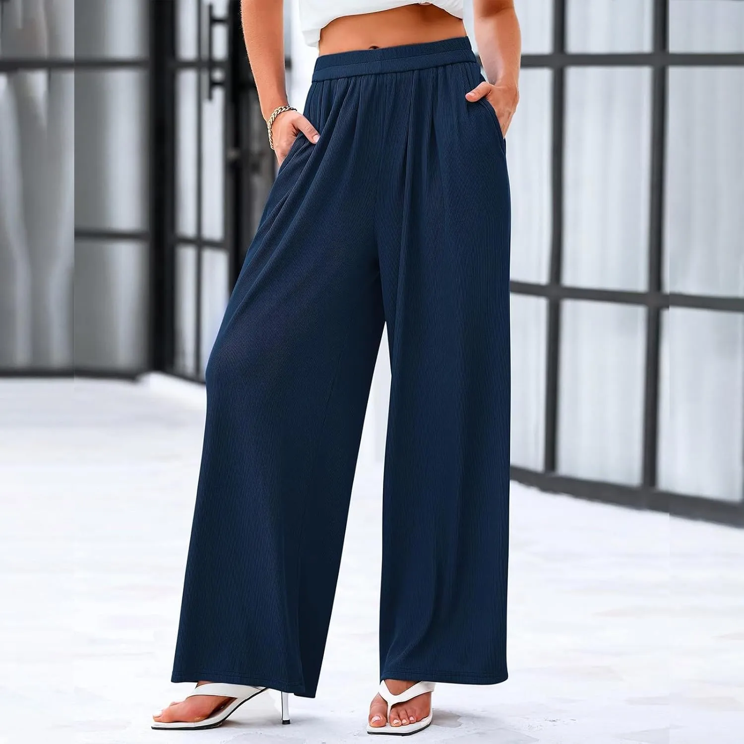 Womens High Waisted Wide Leg Linen Pants Plus Size Stylish Casual Loose Trouser Beach Vacation Boho Flowy Lounge Pant