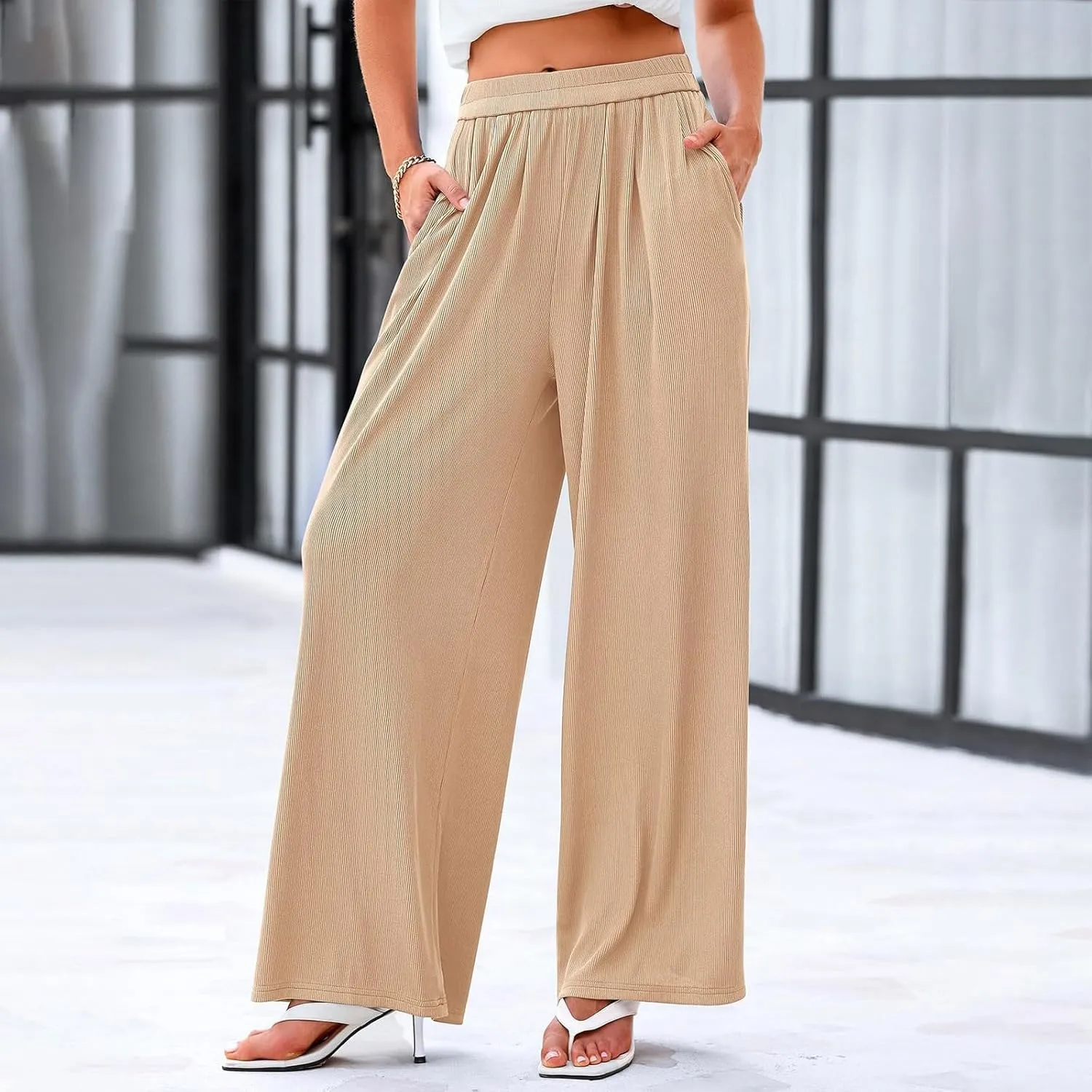 Womens High Waisted Wide Leg Linen Pants Plus Size Stylish Casual Loose Trouser Beach Vacation Boho Flowy Lounge Pant