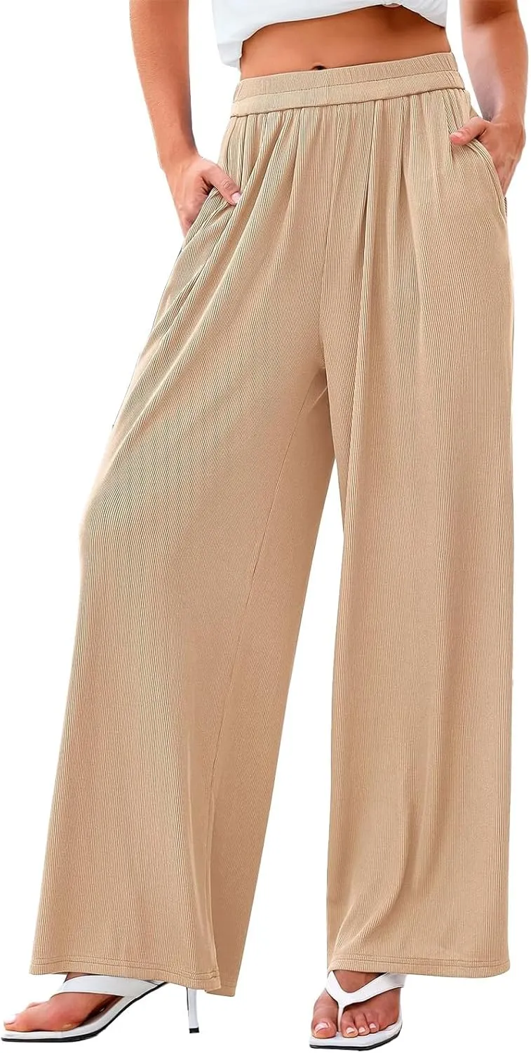 Womens High Waisted Wide Leg Linen Pants Plus Size Stylish Casual Loose Trouser Beach Vacation Boho Flowy Lounge Pant