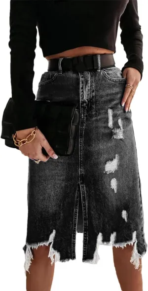 Women's Irregular Frayed Raw Hem Ripped Denim Skirt Front Slit Tassel Vintage Jeans Midi Skirts