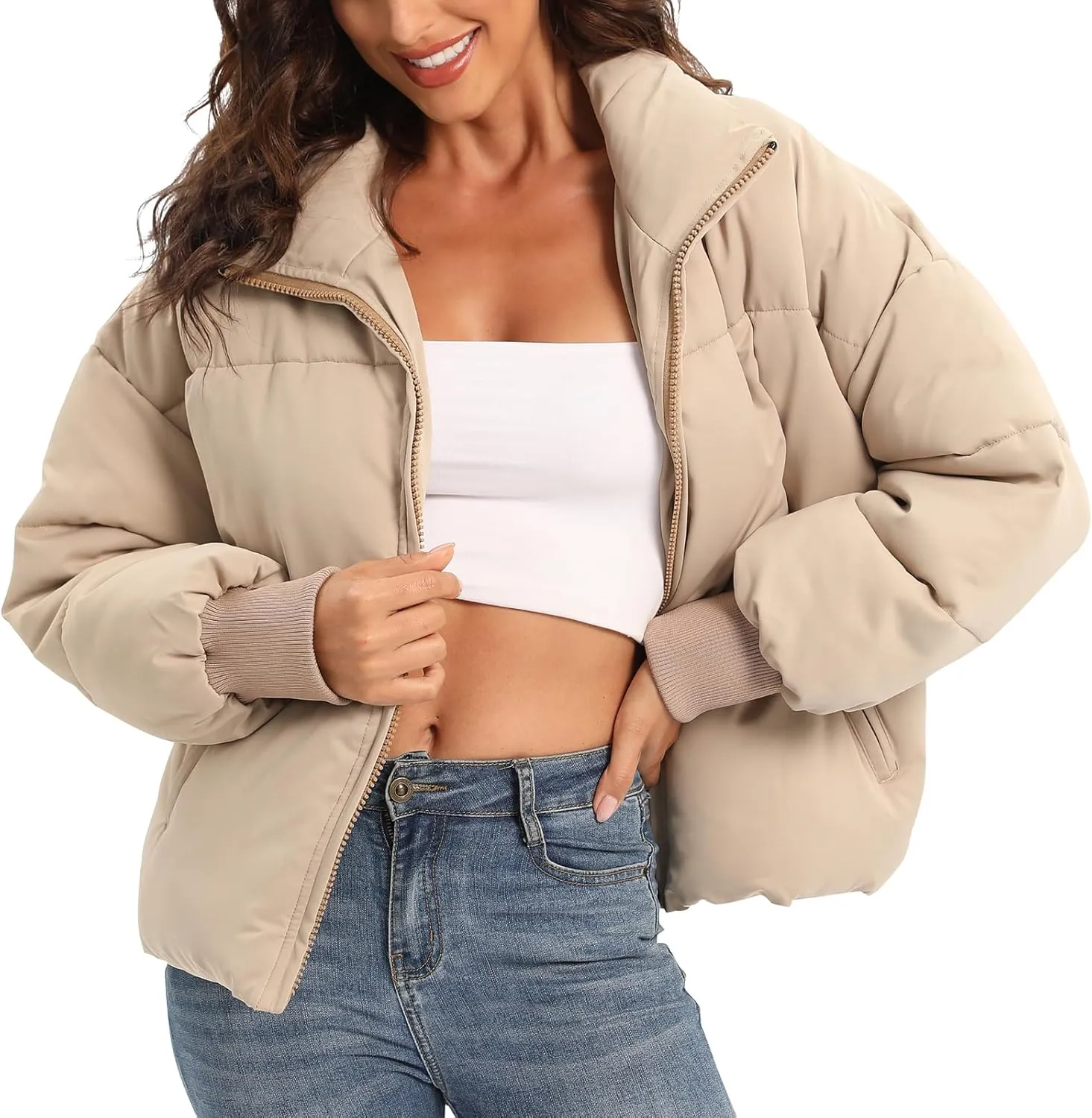 Women's Lightweight 2024 Winter Puffer Jacket Cropped Packable Quilted Zip Up Down Jacket Coat