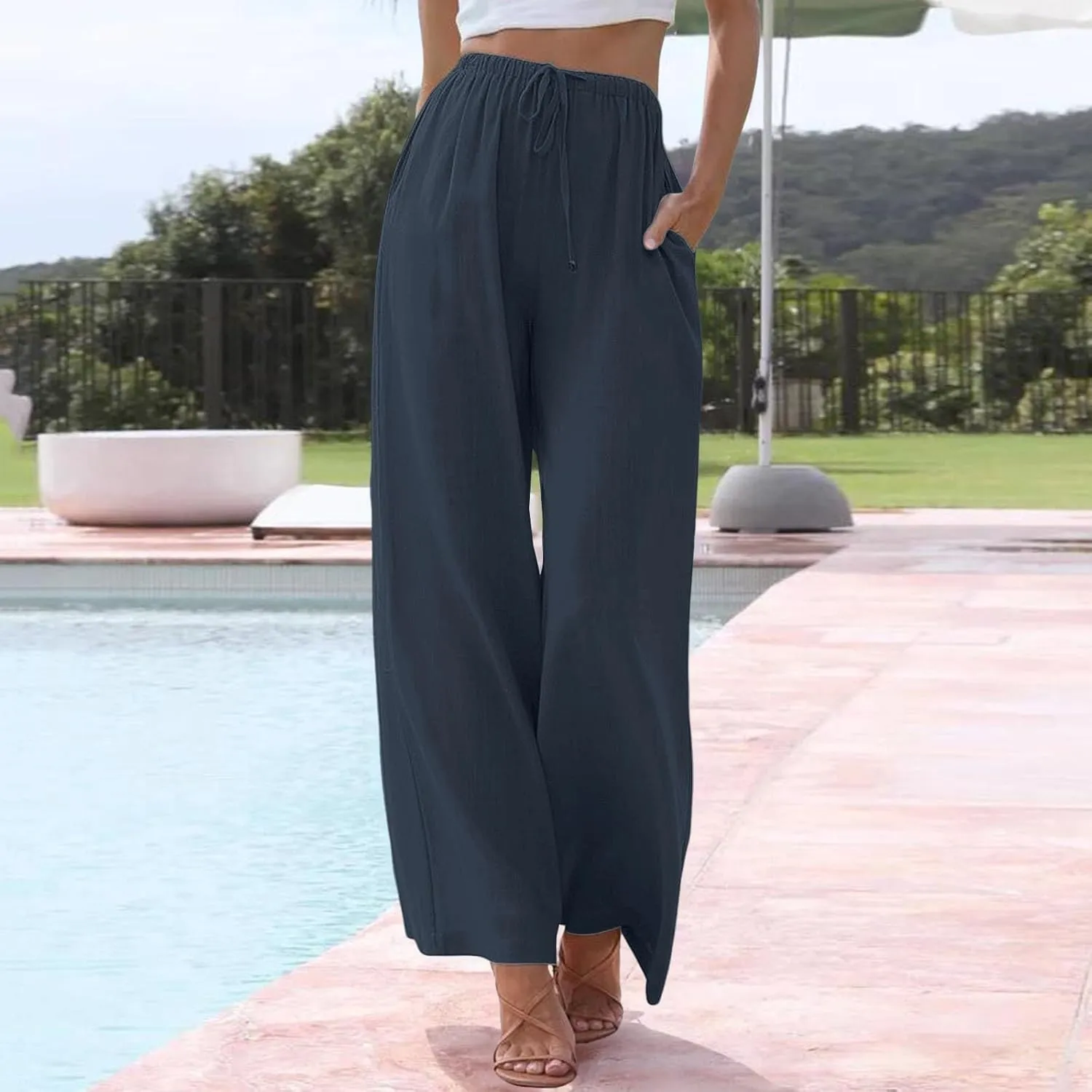 Womens Linen Floral Print Wide Leg Pants Summer Vacation Beach Boho Flowy Relax Beachwear Office Work Casual Trousers