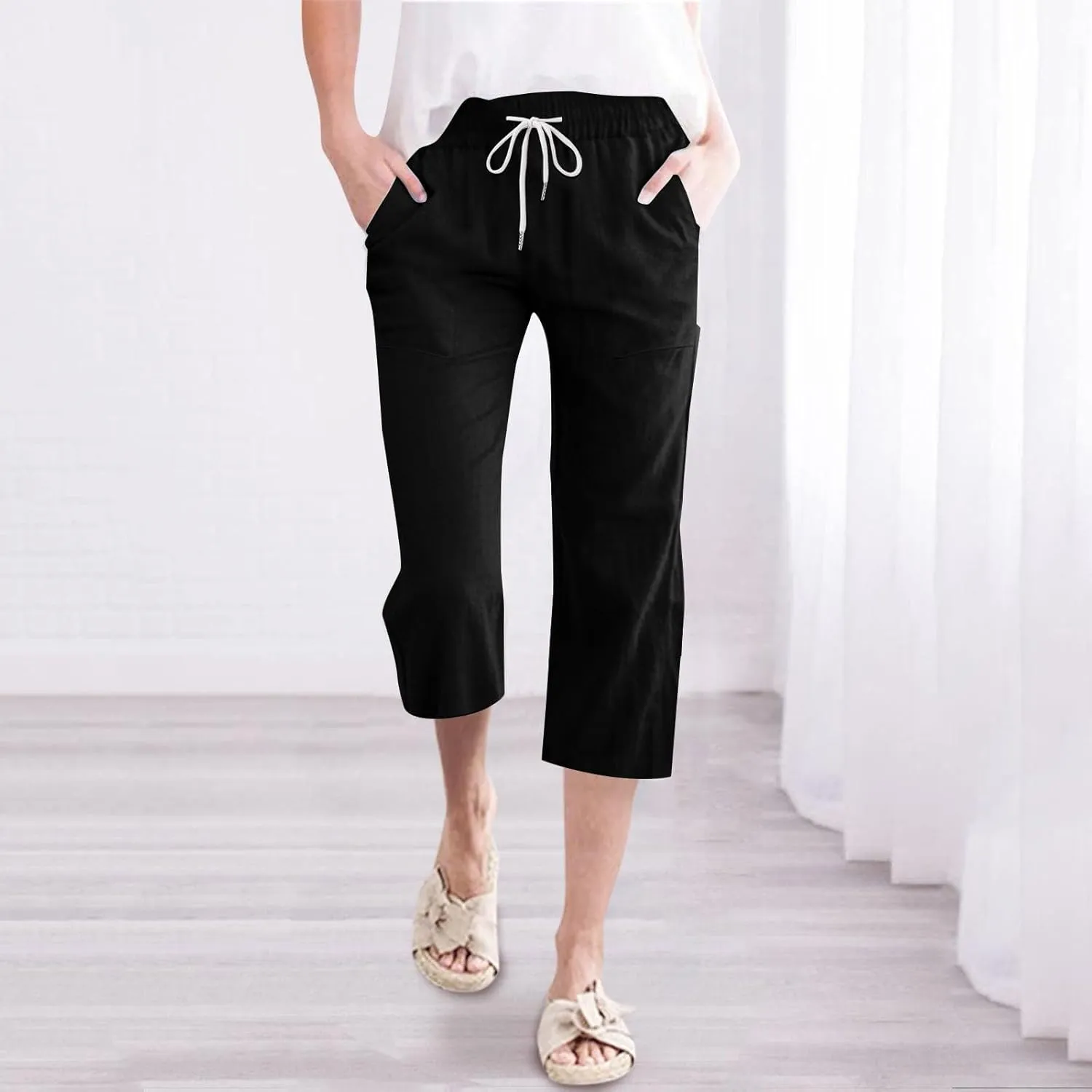 Womens Linen Pants Summer Casual Capri Candy Casual Capris Palazzo Cropped Comfy Baggy Trousers Capri Pants for