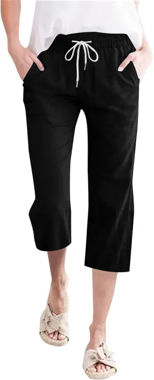 Womens Linen Pants Summer Casual Capri Candy Casual Capris Palazzo Cropped Comfy Baggy Trousers Capri Pants for