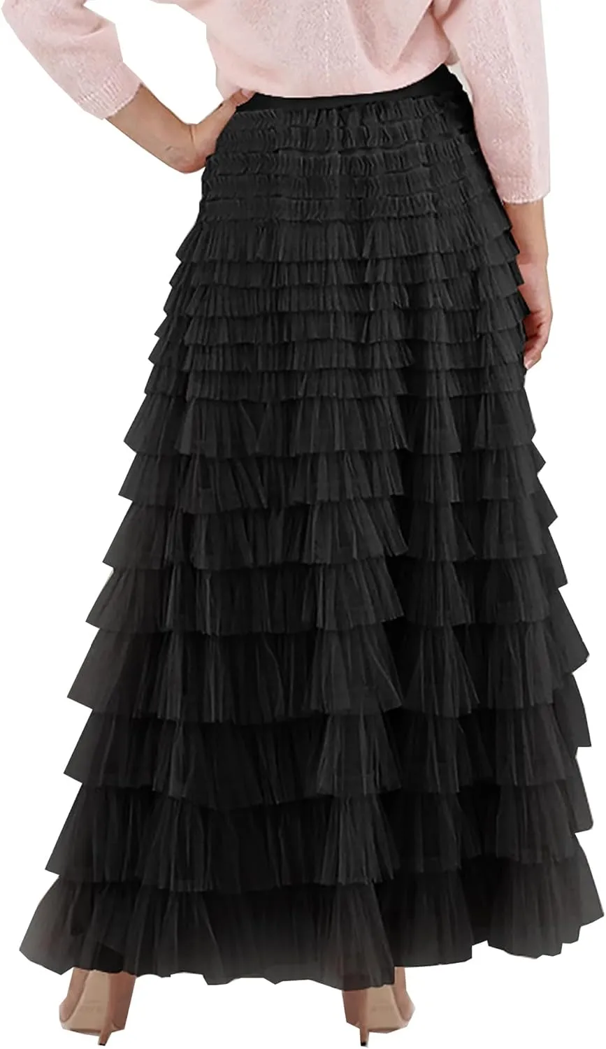 Women's Long Maxi Tulle Skirts A Line High Waisted Tiered Layered Midi Skirt Mesh Ruffle Tutu Petticoat