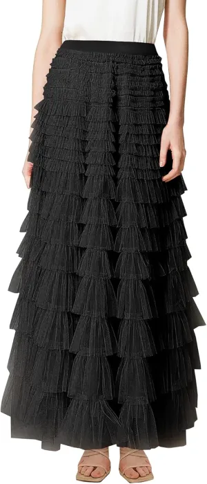 Women's Long Maxi Tulle Skirts A Line High Waisted Tiered Layered Midi Skirt Mesh Ruffle Tutu Petticoat