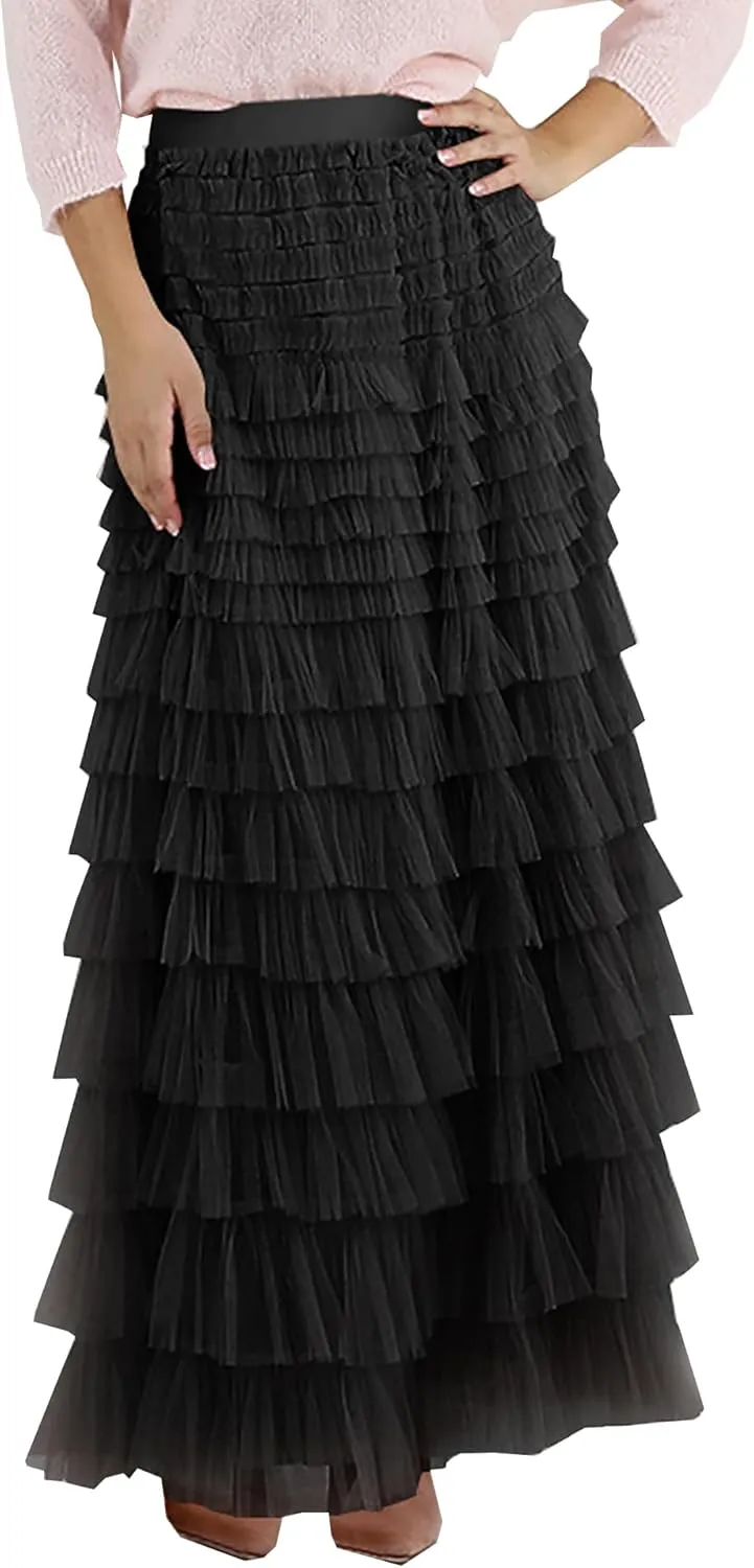 Women's Long Maxi Tulle Skirts A Line High Waisted Tiered Layered Midi Skirt Mesh Ruffle Tutu Petticoat