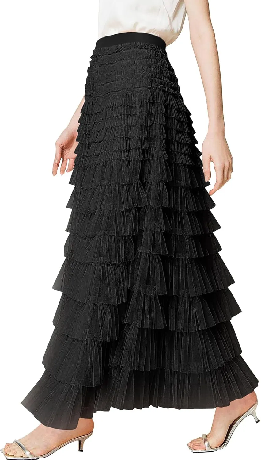 Women's Long Maxi Tulle Skirts A Line High Waisted Tiered Layered Midi Skirt Mesh Ruffle Tutu Petticoat