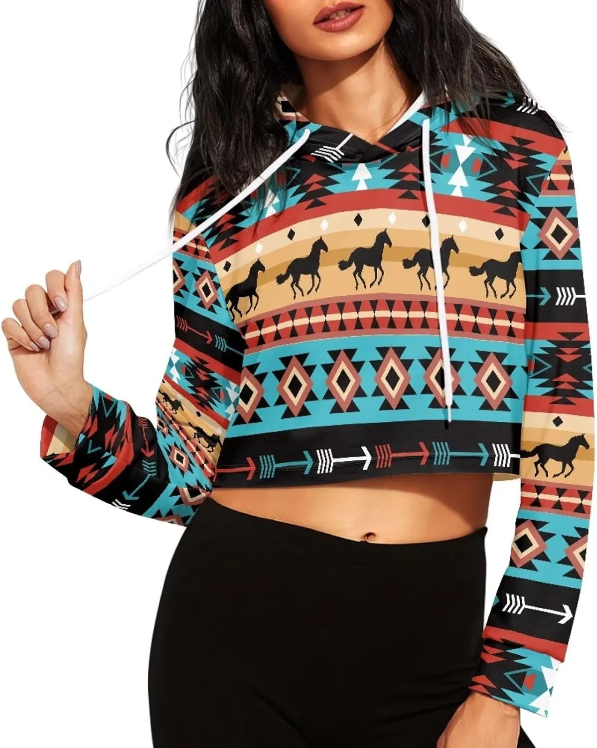 Womens Long Sleeve Crop Top Hoodies Drawstring Crop Top Sweatshirts for Teen Girls
