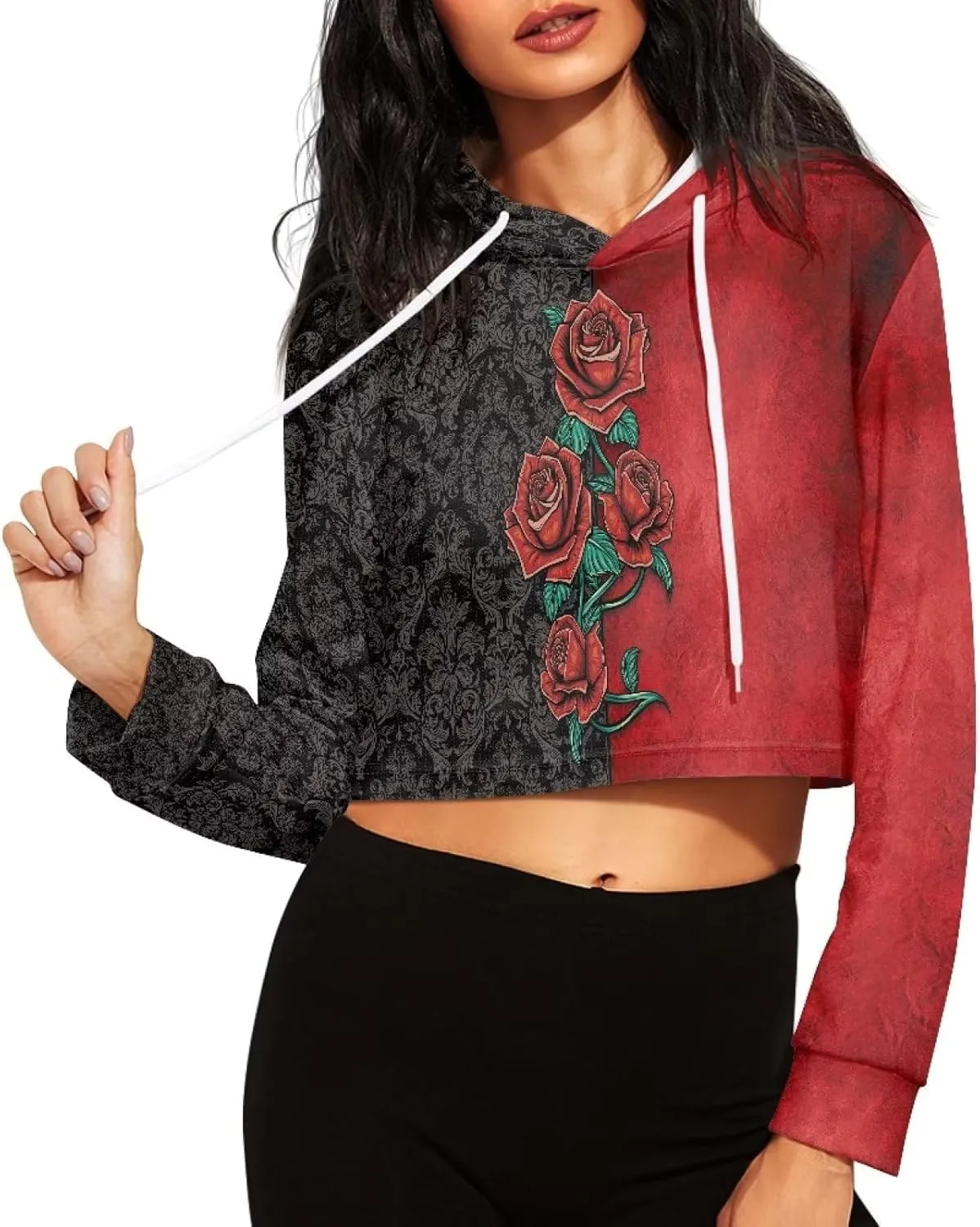 Womens Long Sleeve Crop Top Hoodies Drawstring Crop Top Sweatshirts for Teen Girls