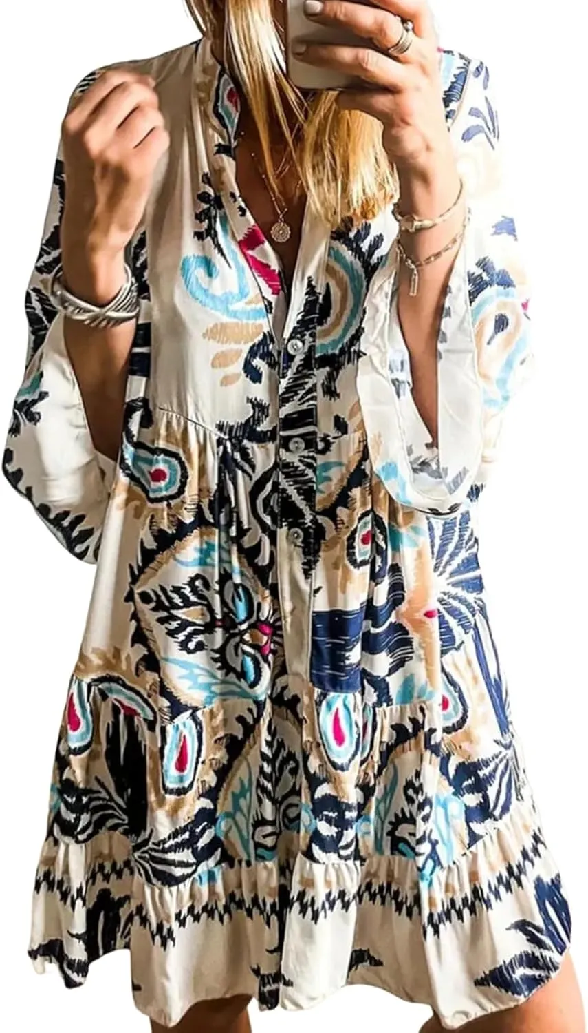 Women's Long Sleeve V Neck Button Down Shirt Dresses Casual Loose Fit Floral Print Shift Midi Dress Summer 2025