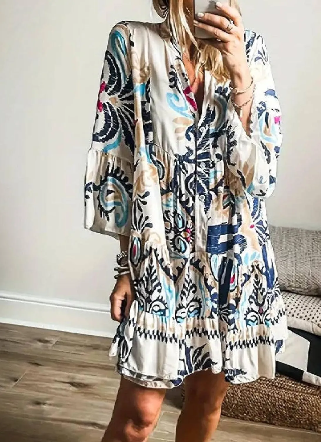 Women's Long Sleeve V Neck Button Down Shirt Dresses Casual Loose Fit Floral Print Shift Midi Dress Summer 2025