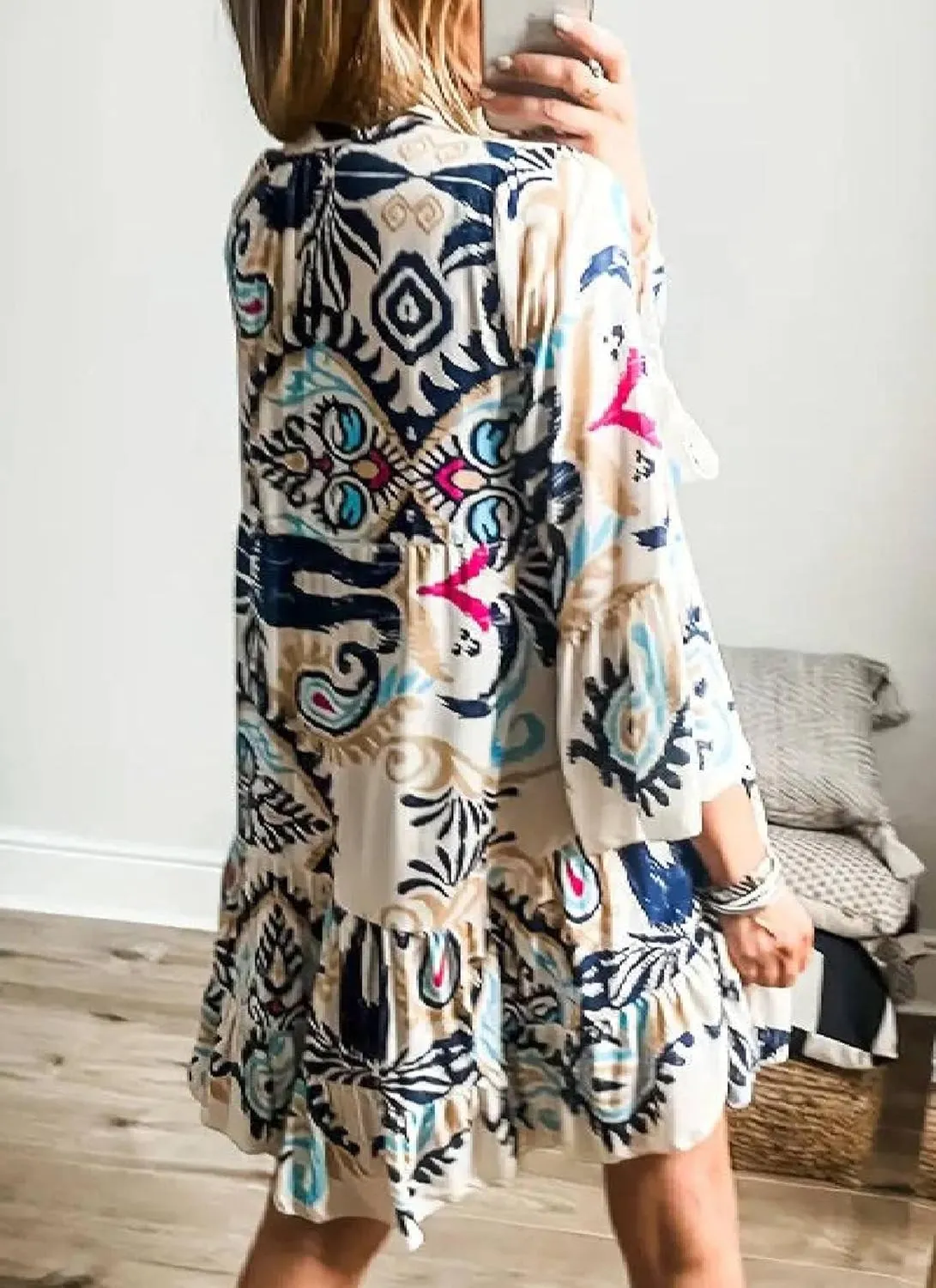 Women's Long Sleeve V Neck Button Down Shirt Dresses Casual Loose Fit Floral Print Shift Midi Dress Summer 2025
