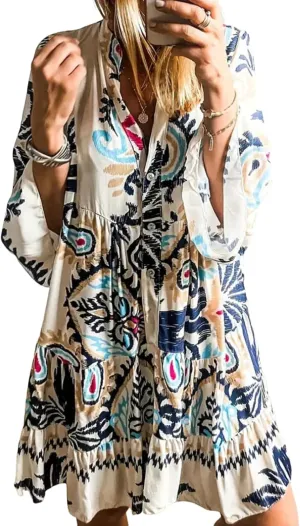 Women's Long Sleeve V Neck Button Down Shirt Dresses Casual Loose Fit Floral Print Shift Midi Dress Summer 2025