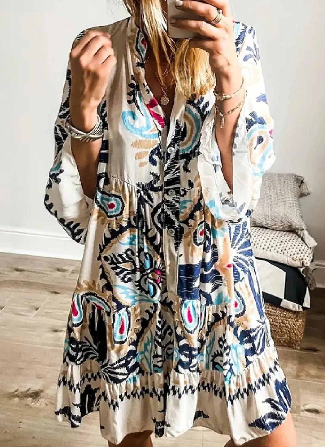 Women's Long Sleeve V Neck Button Down Shirt Dresses Casual Loose Fit Floral Print Shift Midi Dress Summer 2025