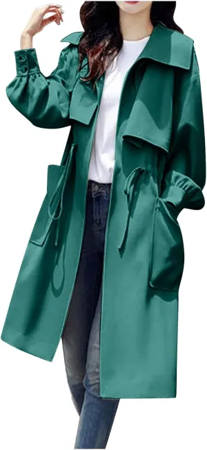 Women's Long Trench Coat Drawstring Waist Windbreaker Pockets Lapel Collar Tie Stylish Coat Outdoor Comfy Streetwear
