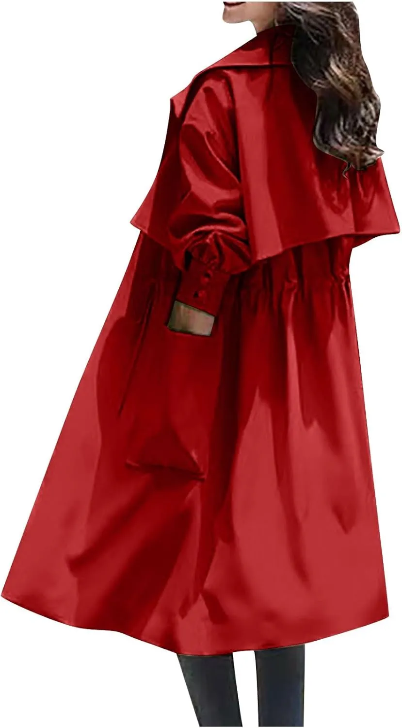 Women's Long Trench Coat Drawstring Waist Windbreaker Pockets Lapel Collar Tie Stylish Coat Outdoor Comfy Streetwear