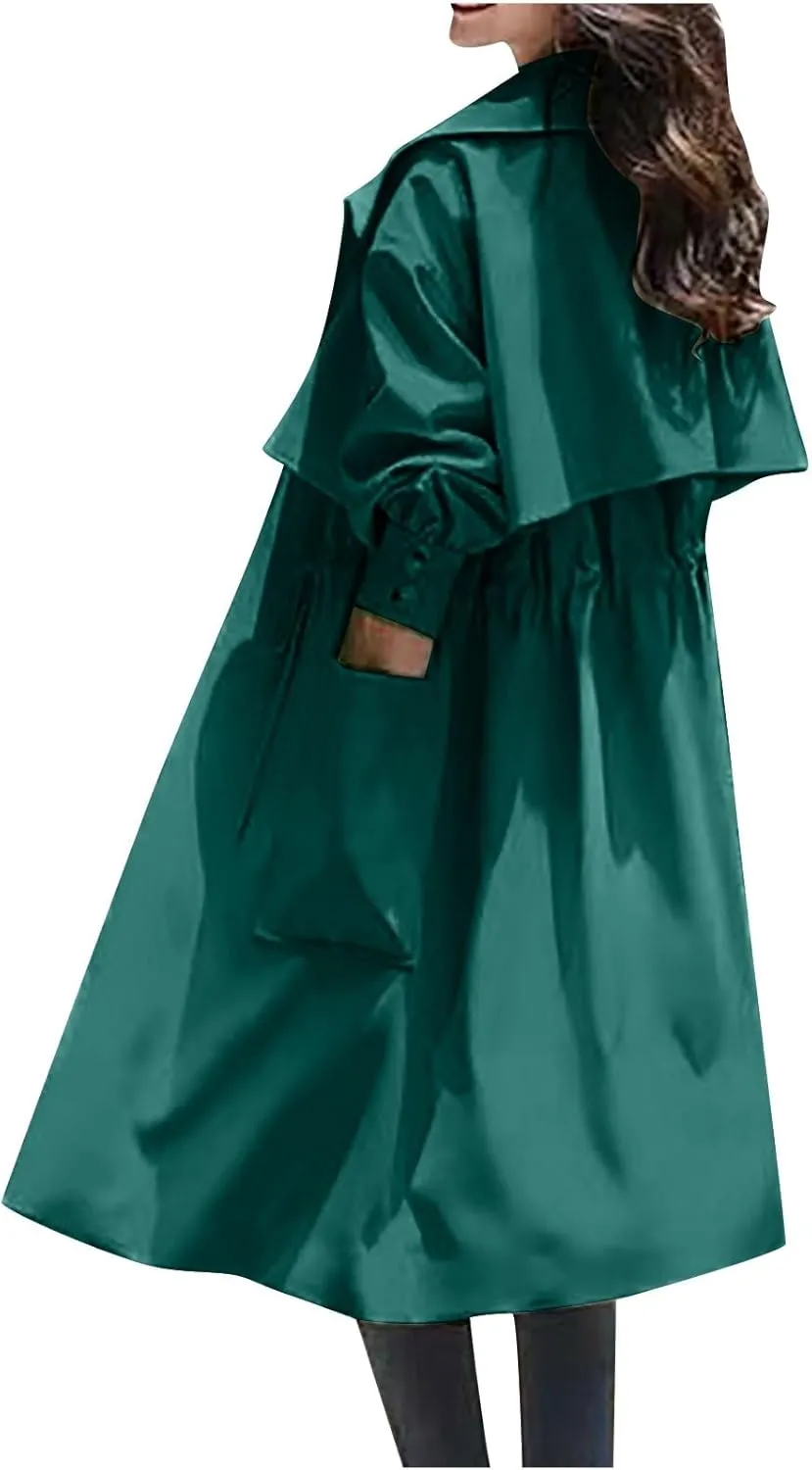 Women's Long Trench Coat Drawstring Waist Windbreaker Pockets Lapel Collar Tie Stylish Coat Outdoor Comfy Streetwear