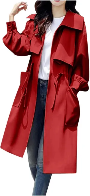 Women's Long Trench Coat Drawstring Waist Windbreaker Pockets Lapel Collar Tie Stylish Coat Outdoor Comfy Streetwear