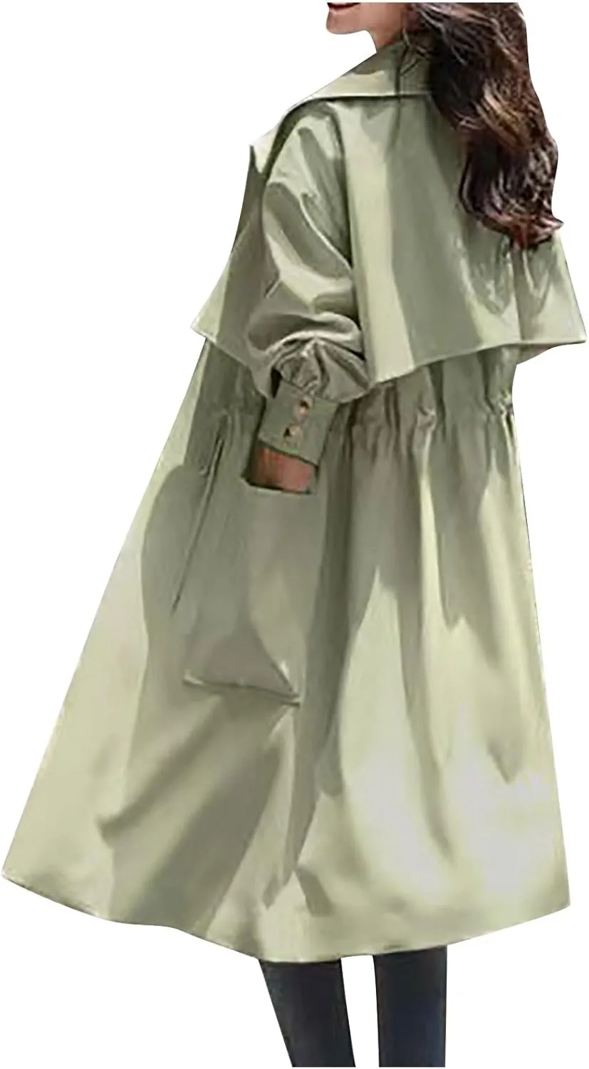 Women's Long Trench Coat Drawstring Waist Windbreaker Pockets Lapel Collar Tie Stylish Coat Outdoor Comfy Streetwear