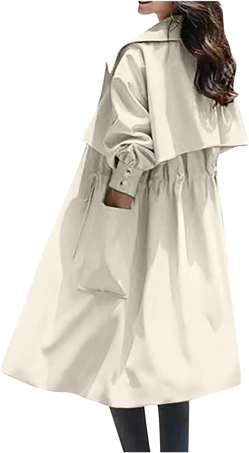 Women's Long Trench Coat Drawstring Waist Windbreaker Pockets Lapel Collar Tie Stylish Coat Outdoor Comfy Streetwear