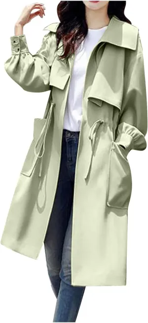 Women's Long Trench Coat Drawstring Waist Windbreaker Pockets Lapel Collar Tie Stylish Coat Outdoor Comfy Streetwear