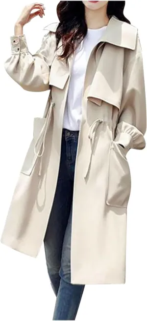Women's Long Trench Coat Drawstring Waist Windbreaker Pockets Lapel Collar Tie Stylish Coat Outdoor Comfy Streetwear