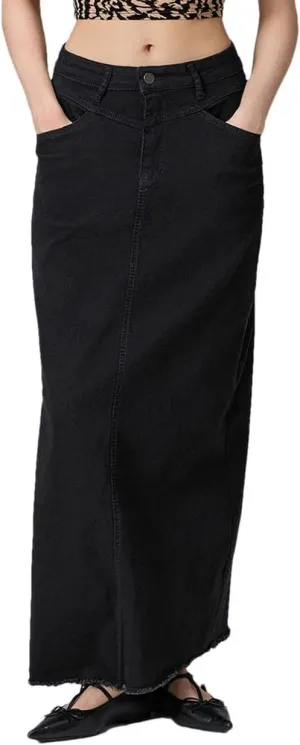 Women's Mid Waist Denim Skirt Solid Color Long A-Line Skirt with Pockets for School Work Shopping
