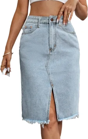 Women's Midi Cotton Denim Skirt 2025 Slim High Waist Packaged Hip Frayed Raw Hem Office Elegant Jean Skirts