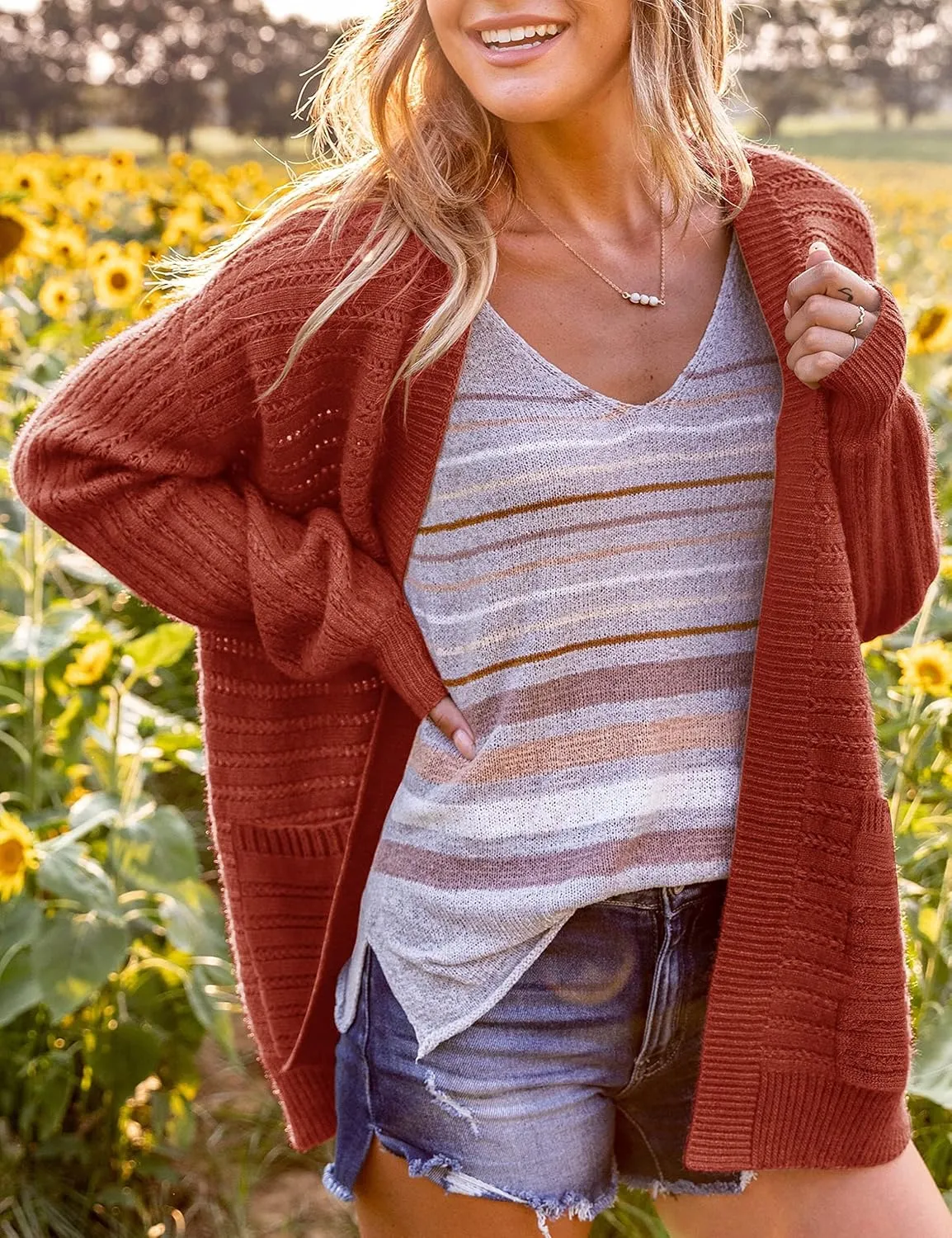 Women's Oversized Cable Knit Cardigan Puff Long Sleeve Chunky Open Front Sweater Outwear with Pockets