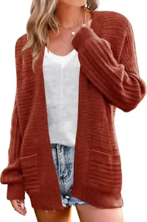 Women's Oversized Cable Knit Cardigan Puff Long Sleeve Chunky Open Front Sweater Outwear with Pockets