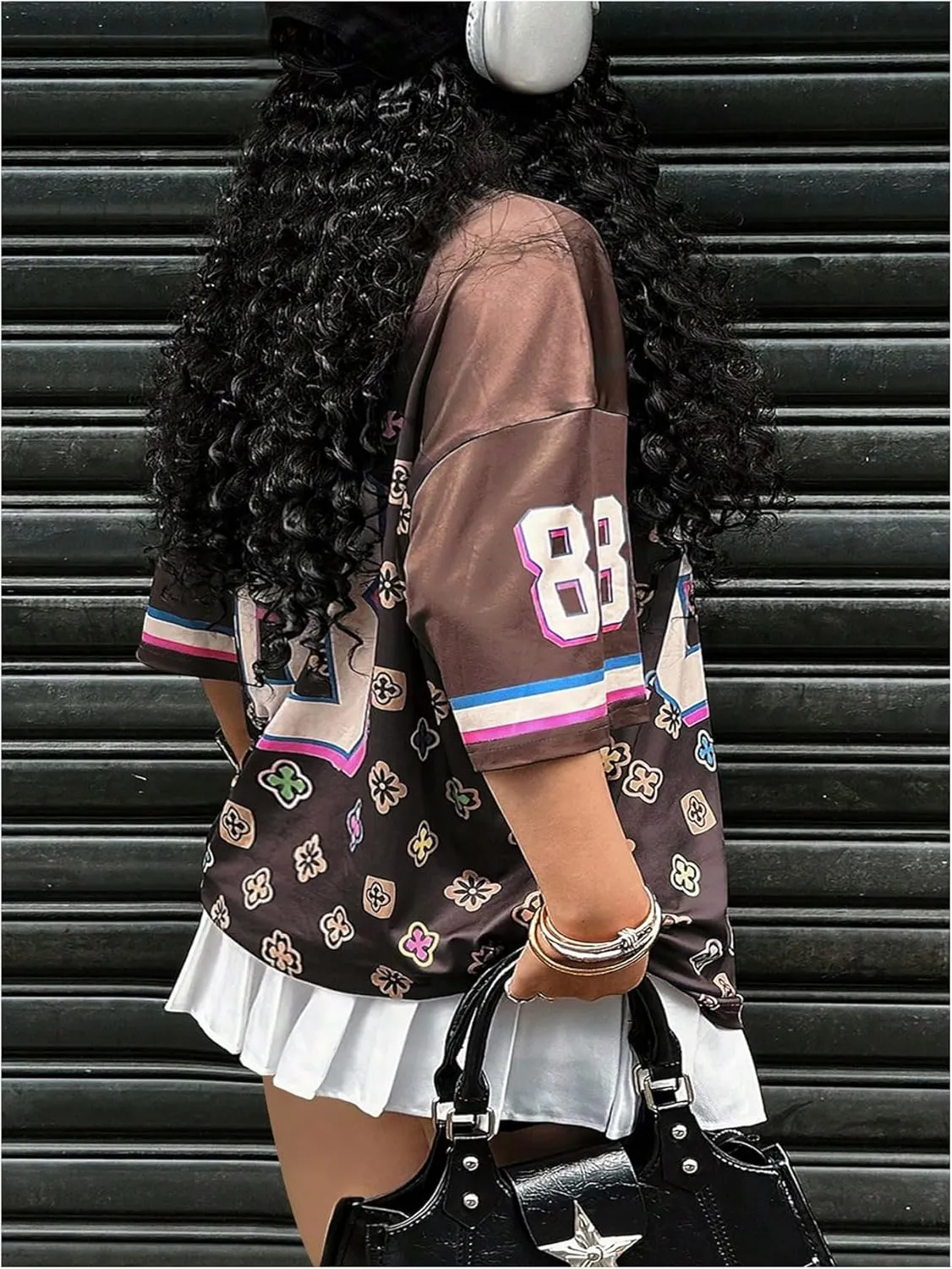 Women's Plus Size Number Floral Print Jersey Shirt Crew Neck Half Sleeve Drop Shoulder Oversized Tees