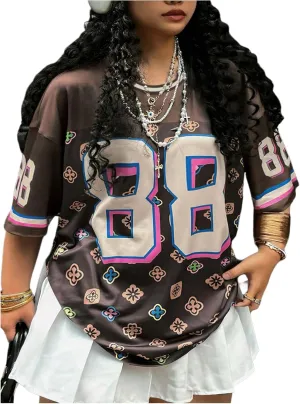 Women's Plus Size Number Floral Print Jersey Shirt Crew Neck Half Sleeve Drop Shoulder Oversized Tees