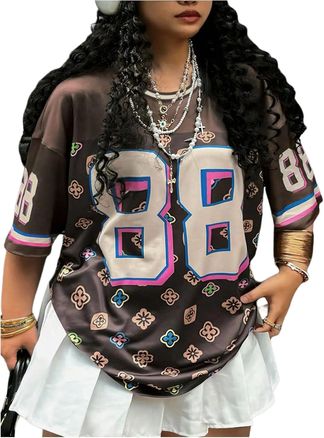 Women's Plus Size Number Floral Print Jersey Shirt Crew Neck Half Sleeve Drop Shoulder Oversized Tees