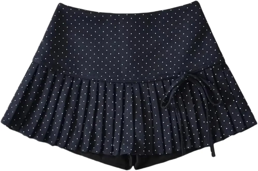 Women's Polka Dot High-Waisted Pleated A-Line Mini Skirt with Lined Shorts