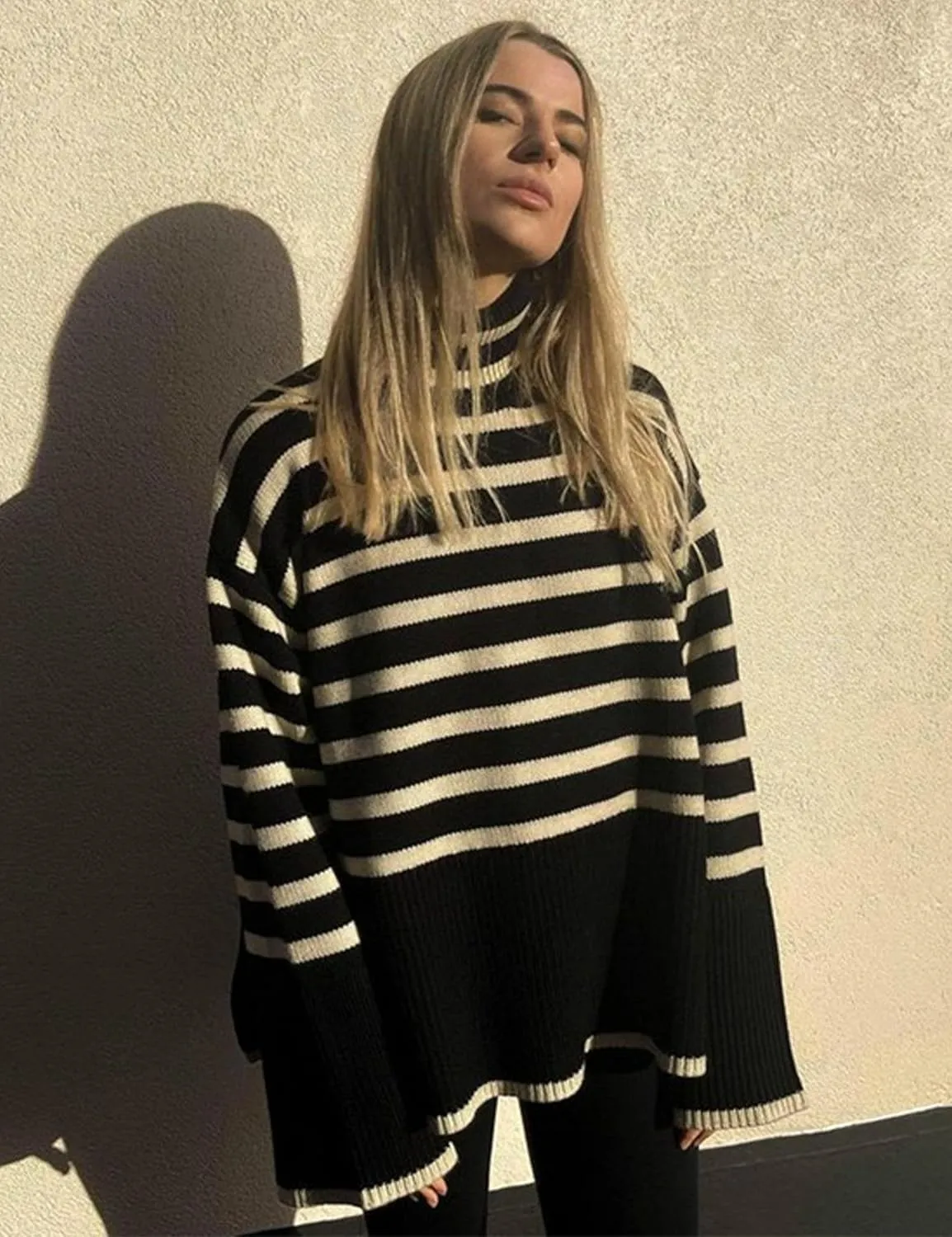 Women's Pullover Sweaters Turtleneck Long Sleeve Striped Side Slit Casual Loose fit Ribbed Knit Jumper Tops