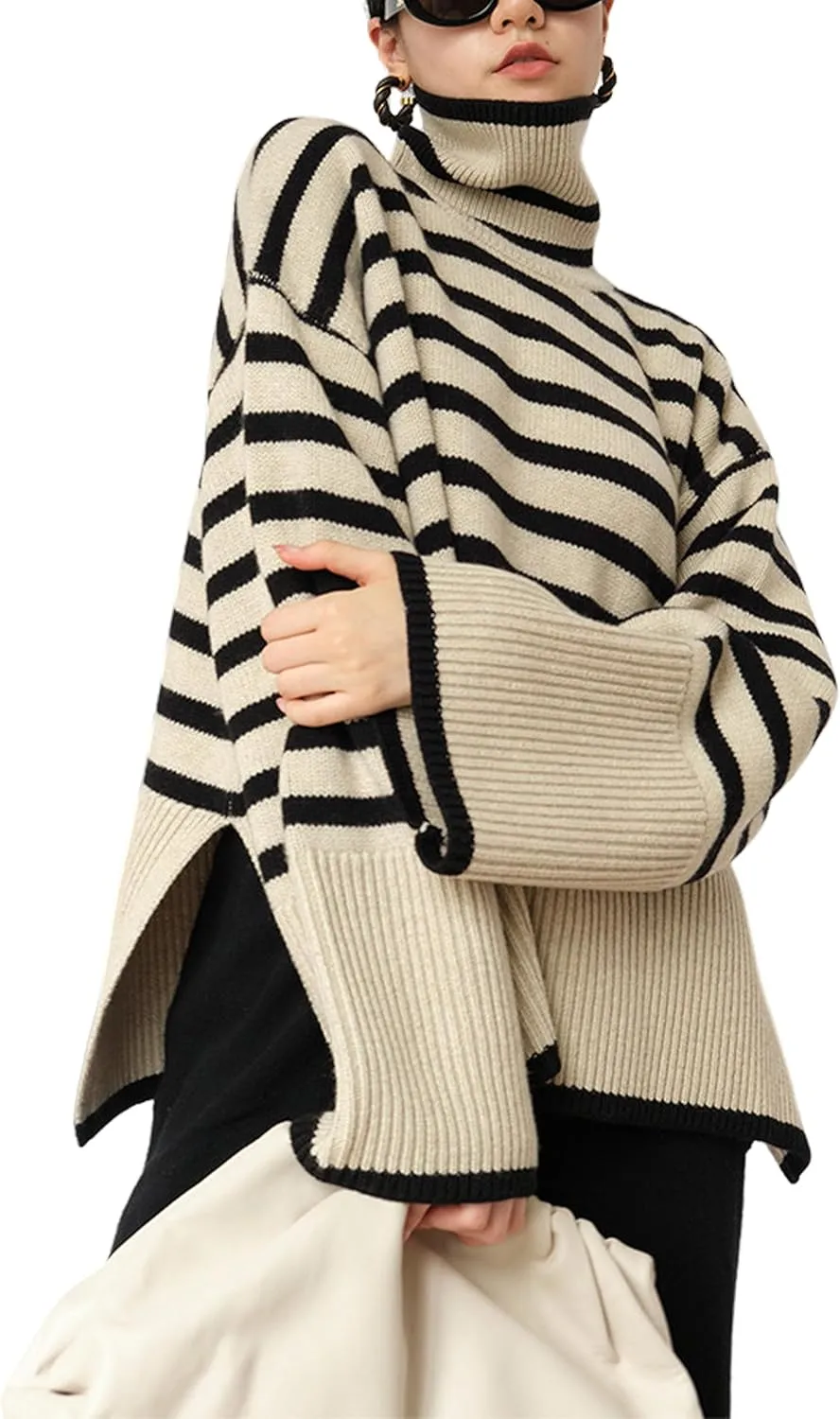 Women's Pullover Sweaters Turtleneck Long Sleeve Striped Side Slit Casual Loose fit Ribbed Knit Jumper Tops