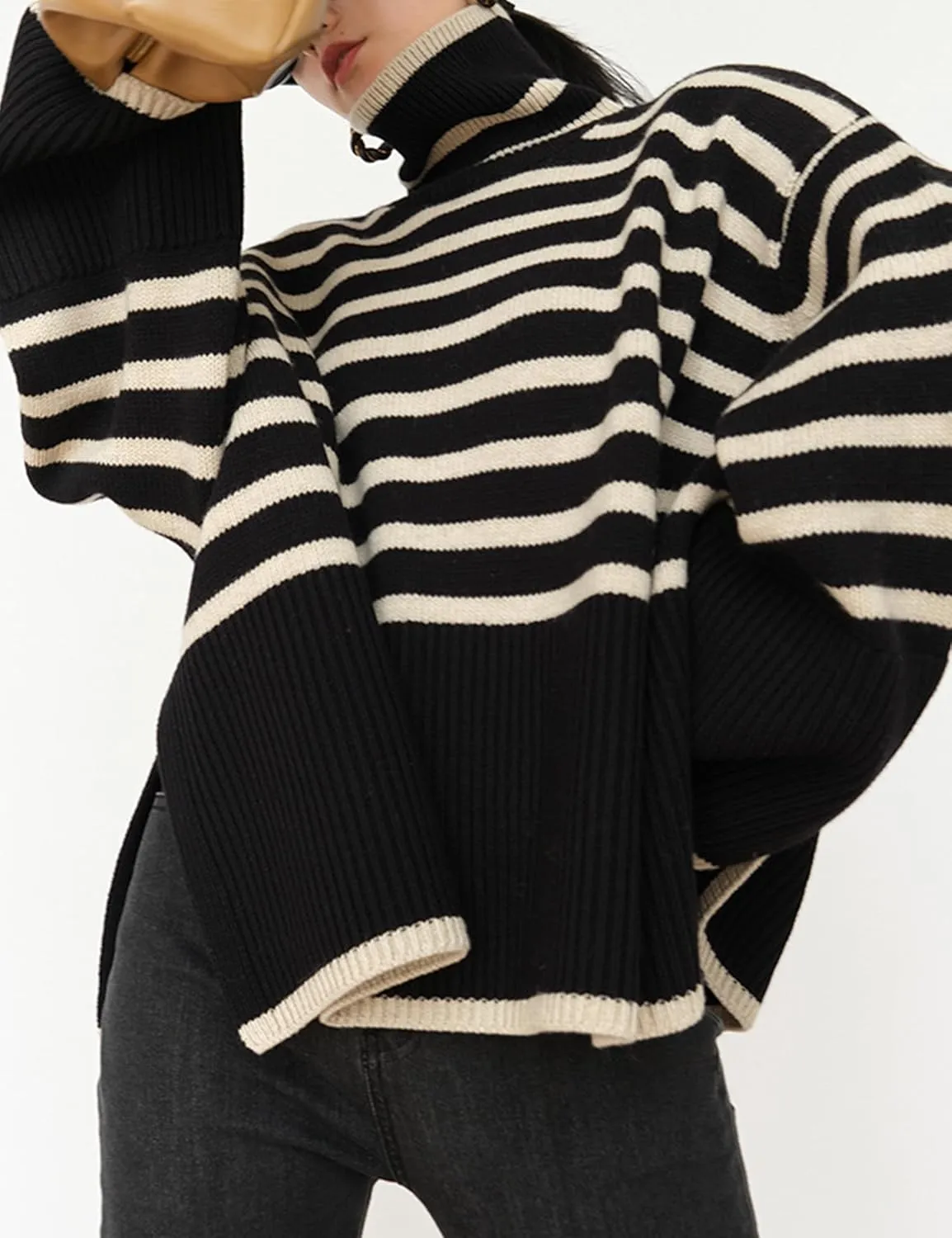 Women's Pullover Sweaters Turtleneck Long Sleeve Striped Side Slit Casual Loose fit Ribbed Knit Jumper Tops