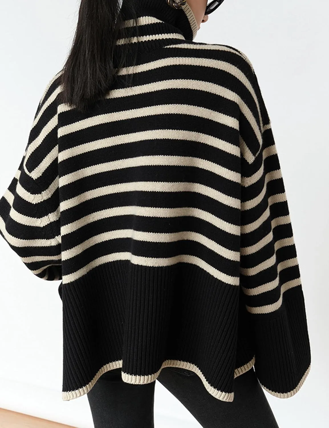 Women's Pullover Sweaters Turtleneck Long Sleeve Striped Side Slit Casual Loose fit Ribbed Knit Jumper Tops